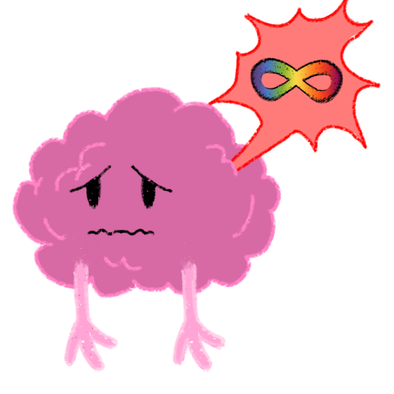 a pink brain with a sad/anxious expression, featuring a small frown and drooping eyes. The brain has two small, arm-like limbs extending downwards, ending in simple hand shapes. From the brain, there is a red, spiky speech bubble containing the rainbow-colored infinity symbol, often associated with autism.